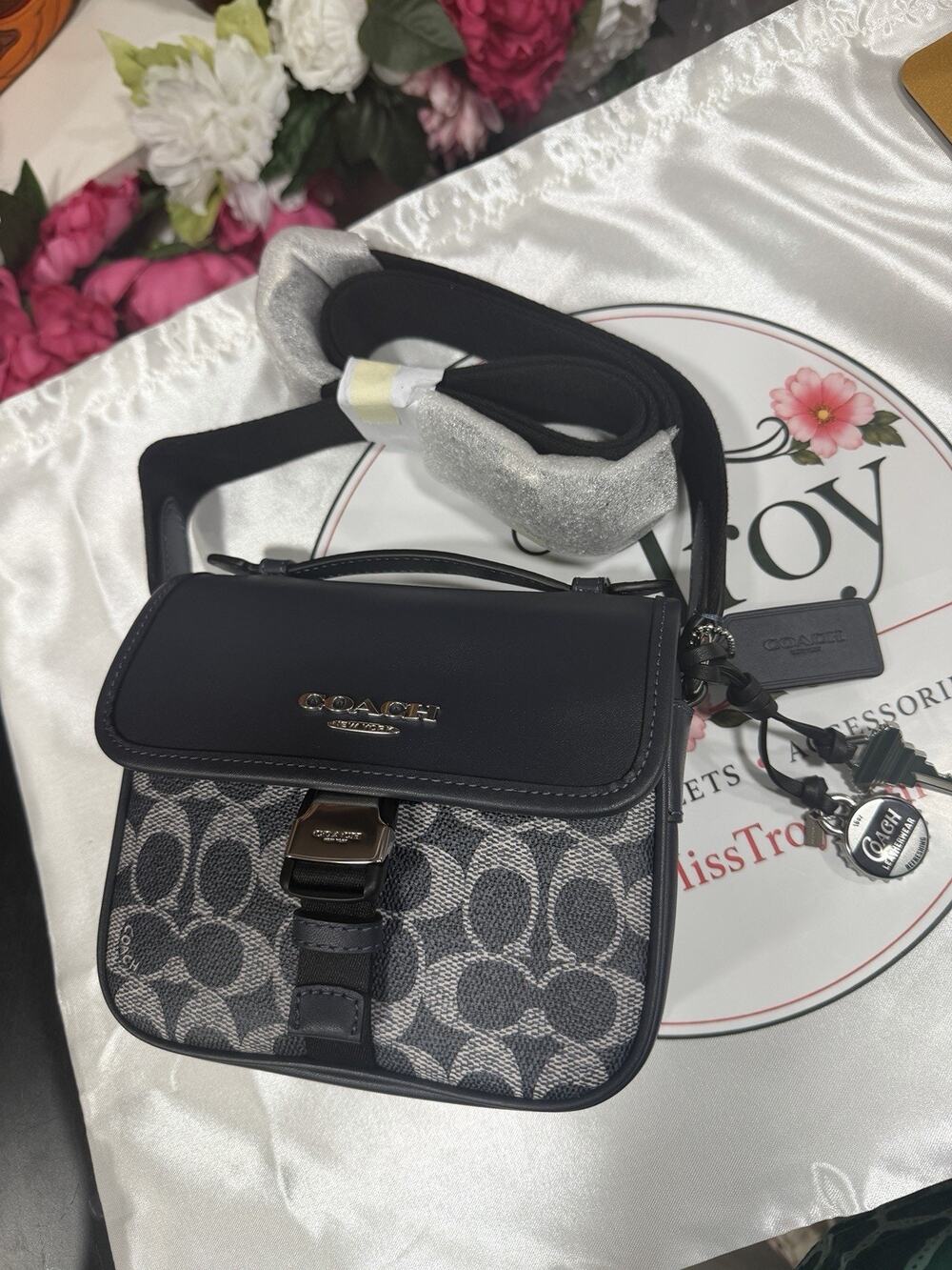 B15-5 COACH Racer Crossbody Bag Signature Canvas W Charms CEB25 Blue Denim/Chalk
